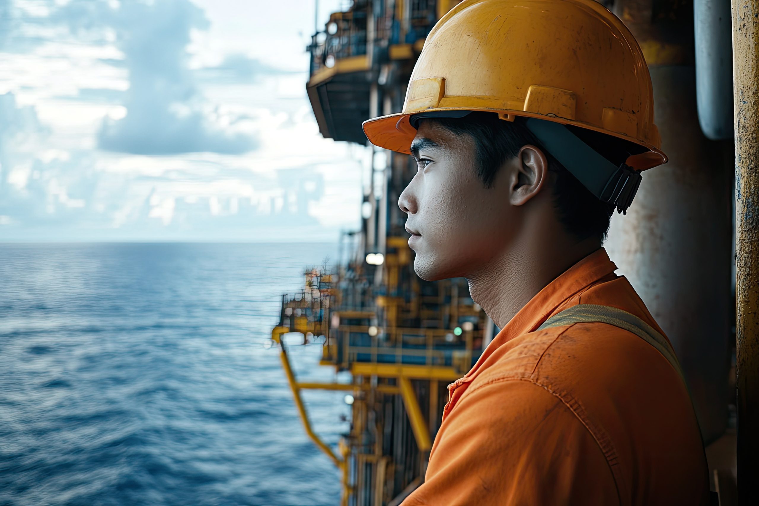 A man in a yellow helmet and orange shirt is looking out over the ocean