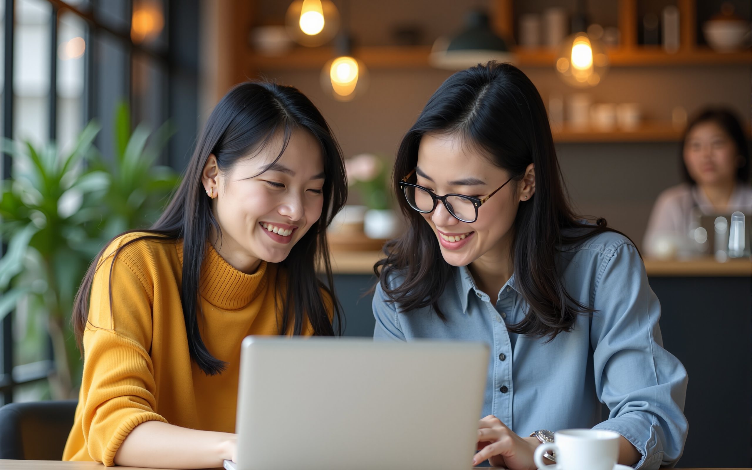 Two asian business team meeting at a cafe and using computer. High quality