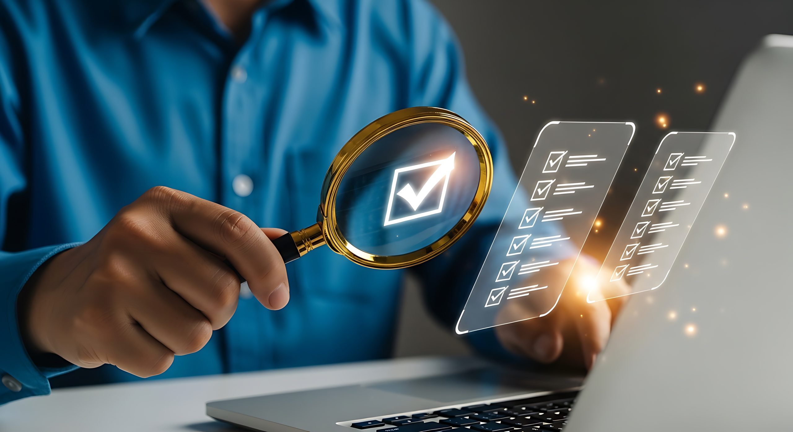 Inspecting digital checklist on laptop with magnifier, ensuring successful task completion and verification for efficient business process improvement